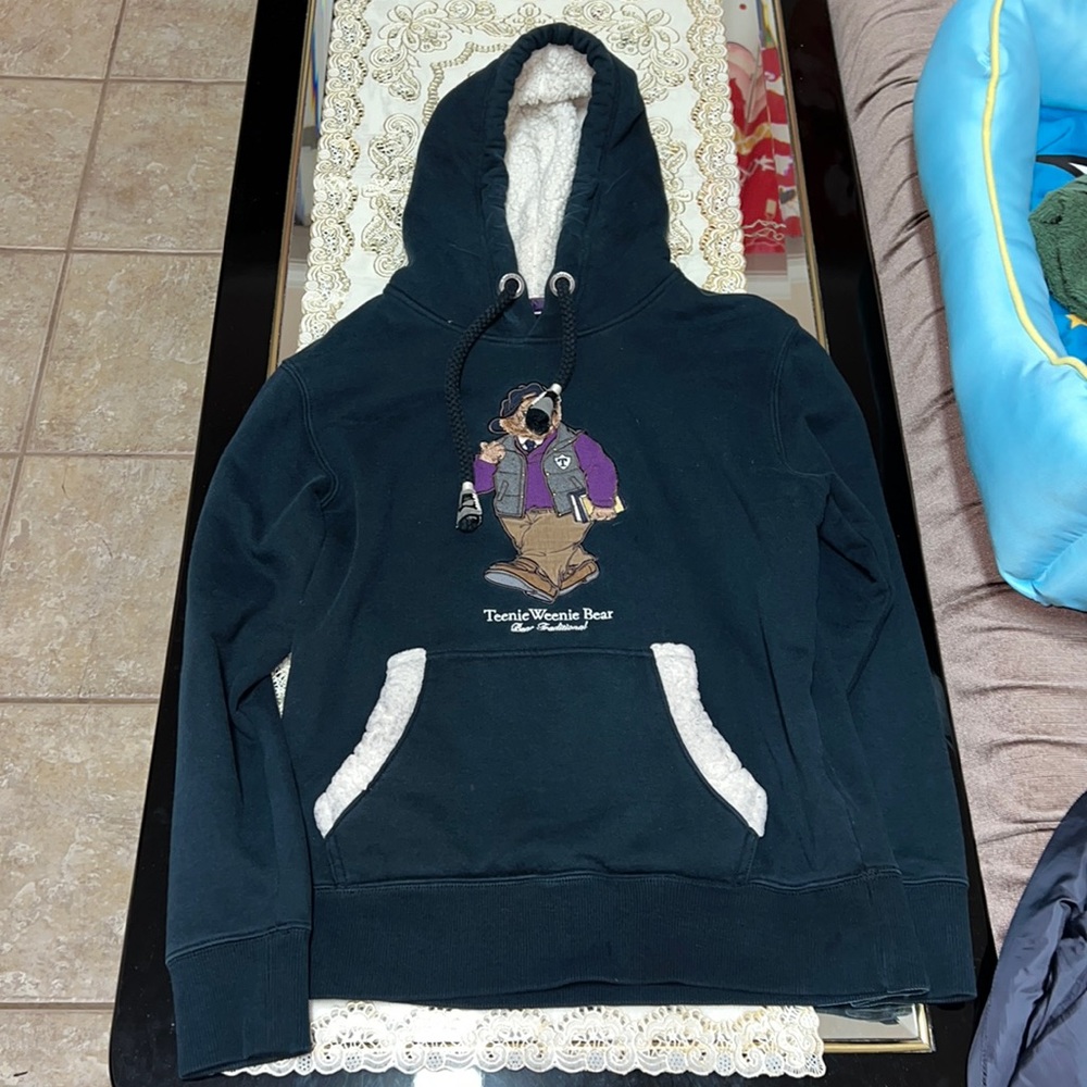 Navy blue hoodie with teddy bear pattern